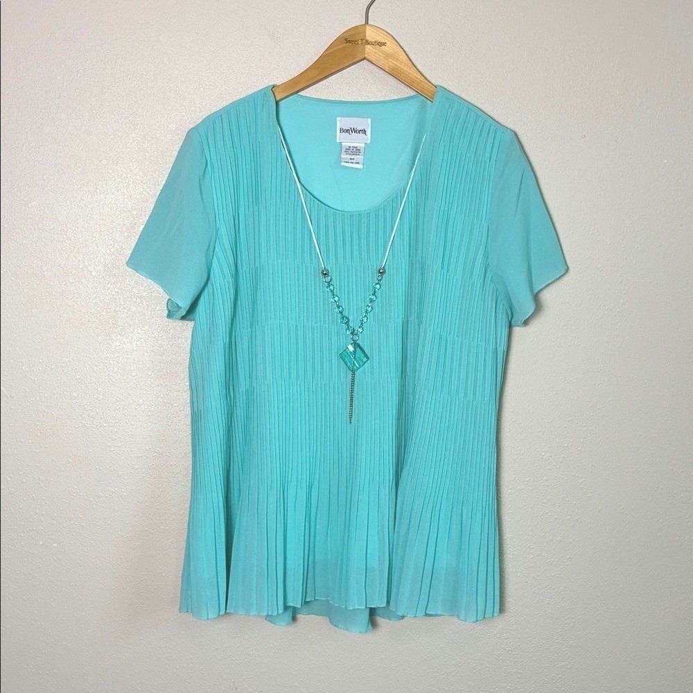 BONWORTH Women XL Petite Short Sleeve Removeable Jewelry Pintuck Blouse